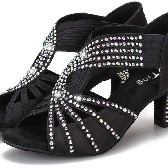 Women Ballroom Dance Shoes Satin Rhinestones Heels for Latin Salsa Practice Wedd - Picture 1 of 9
